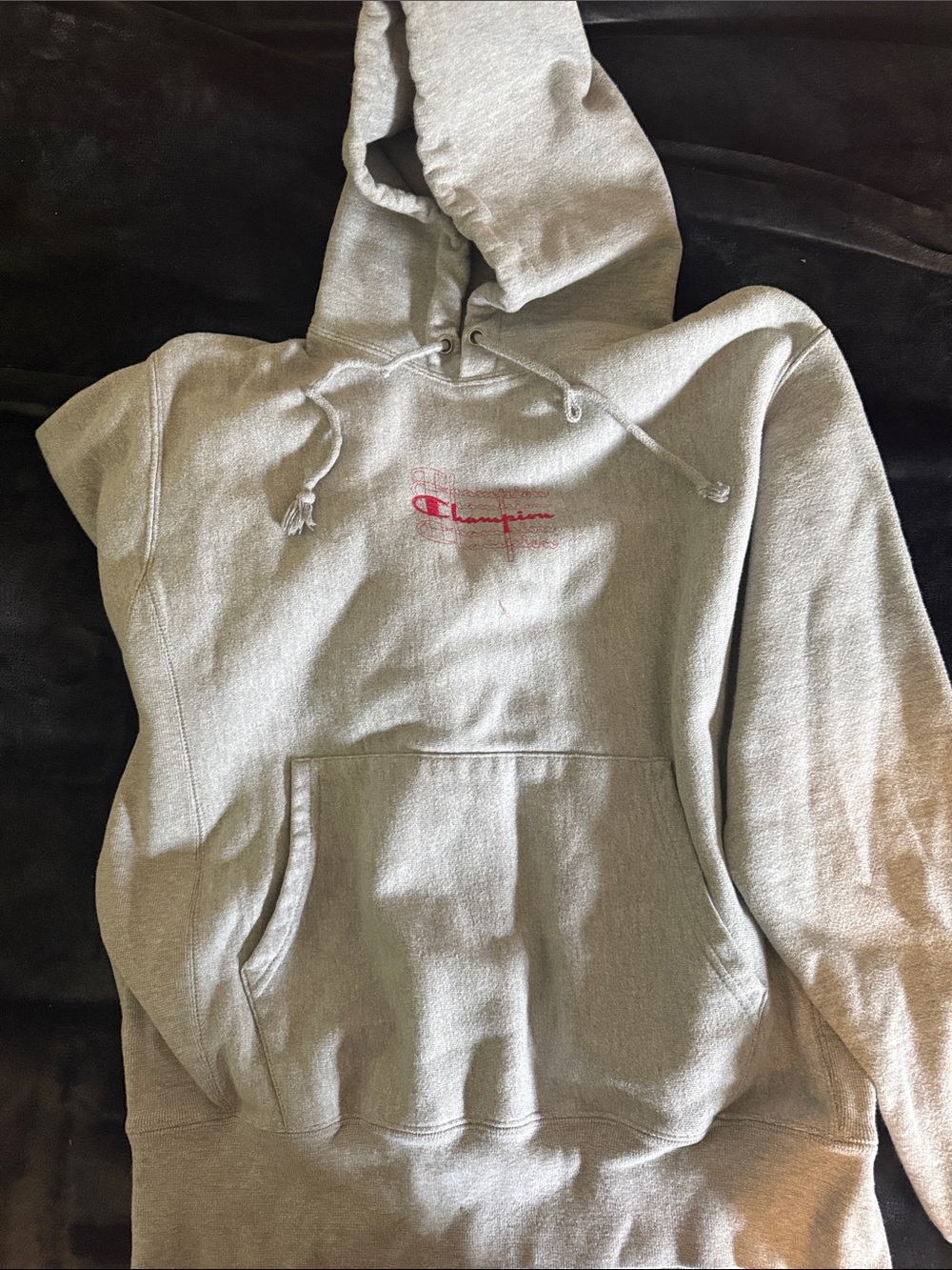 Champion Gray Pullover Hoodie with Red Script Logo